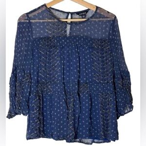 Lucky Brand Blue Printed Bohemian 3/4 Sleeve Tiered Peasant Top size Large